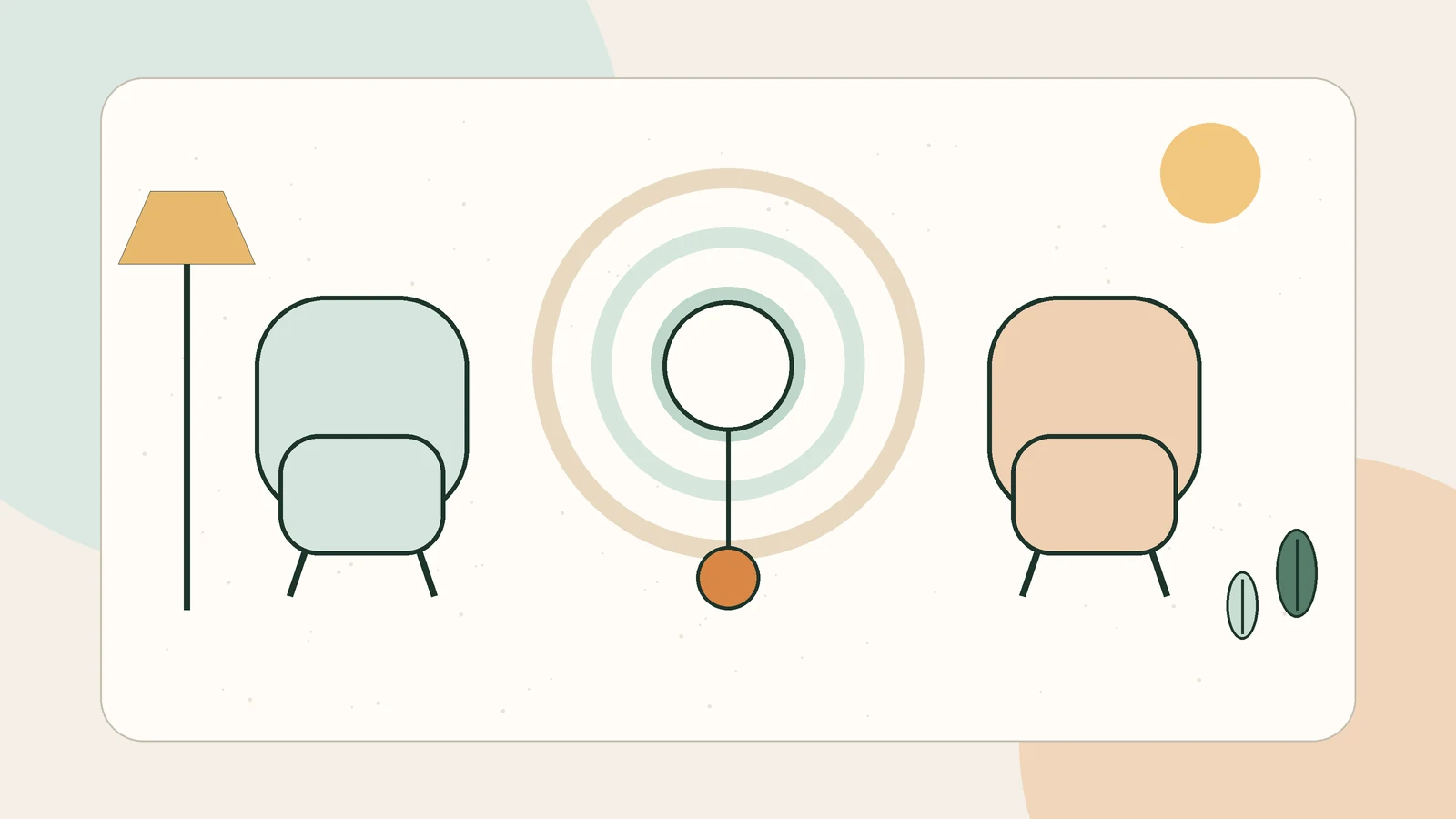 Illustration éditoriale d'un cabinet d'hypnothérapie calme avec deux fauteuils