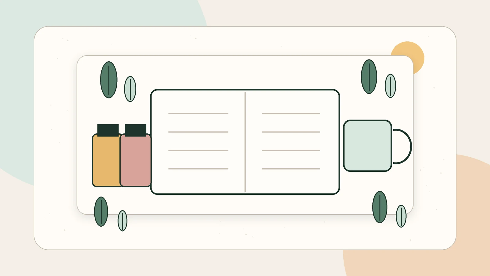 Illustration éditoriale d'un carnet, de plantes et d'une tisane évoquant la naturopathie