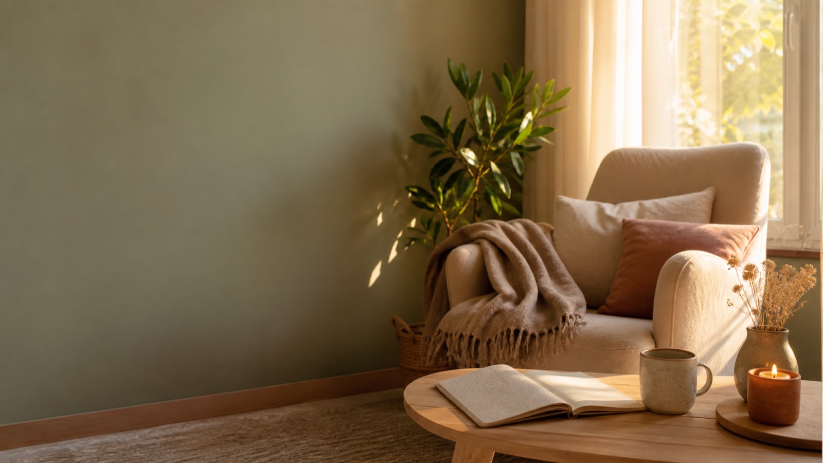 Ambiance d'un cabinet de sophrologie chaleureux au soir : vase terracotta, branches d'olivier, bougie allumée et plante verte baignés d'une lumière dorée