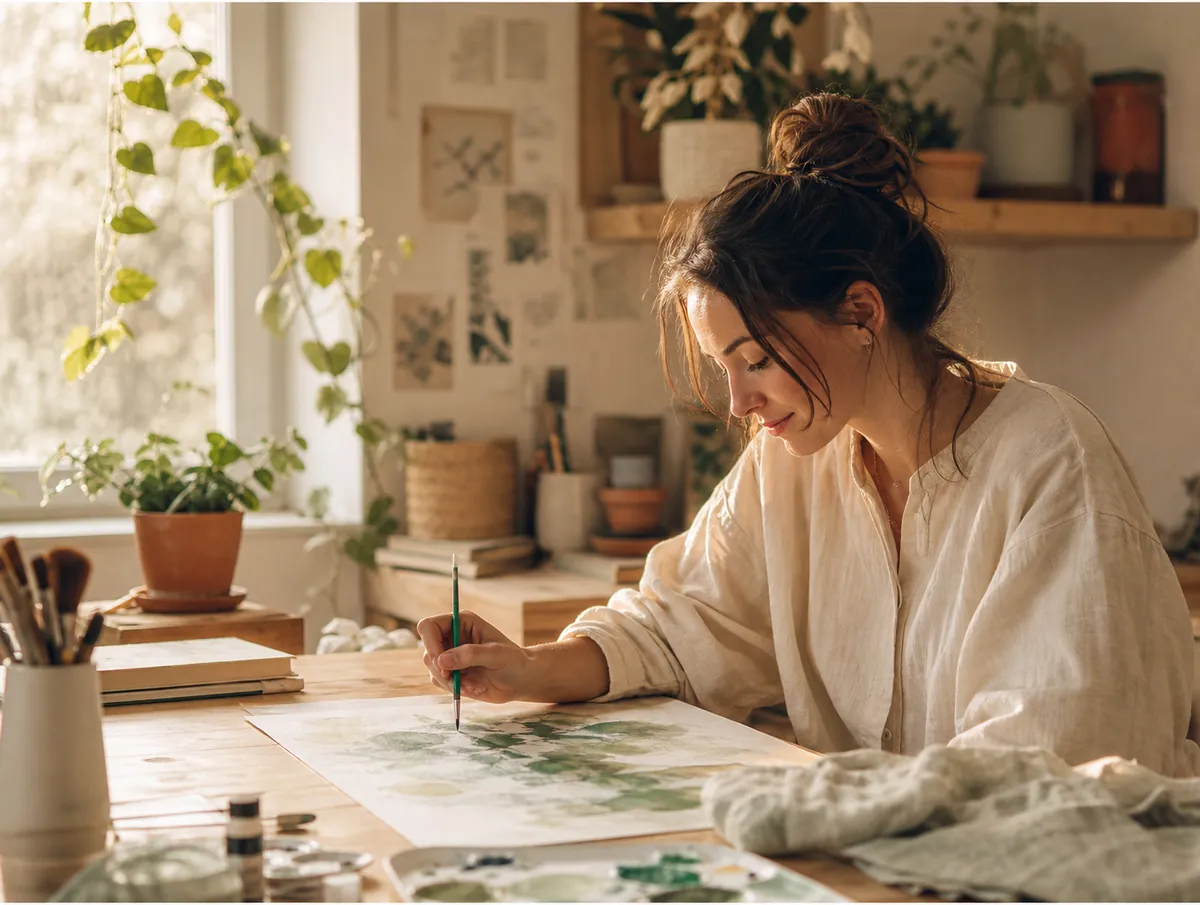 Art-thérapeute accompagnant un atelier de création dans un espace lumineux