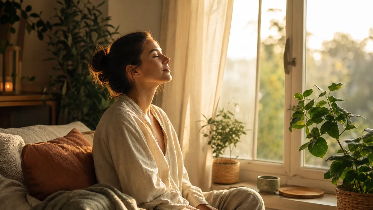 Personne apaisée respirant près d'une fenêtre lumineuse dans un intérieur chaleureux, ambiance de bien-être