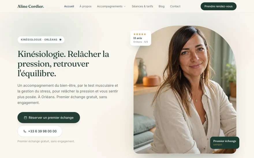 Exemple de site de kinésiologue à Orléans, ambiance Cocon
