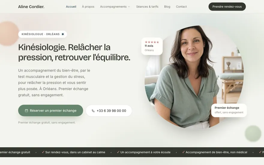 Exemple de site de kinésiologue à Orléans, ambiance Organique