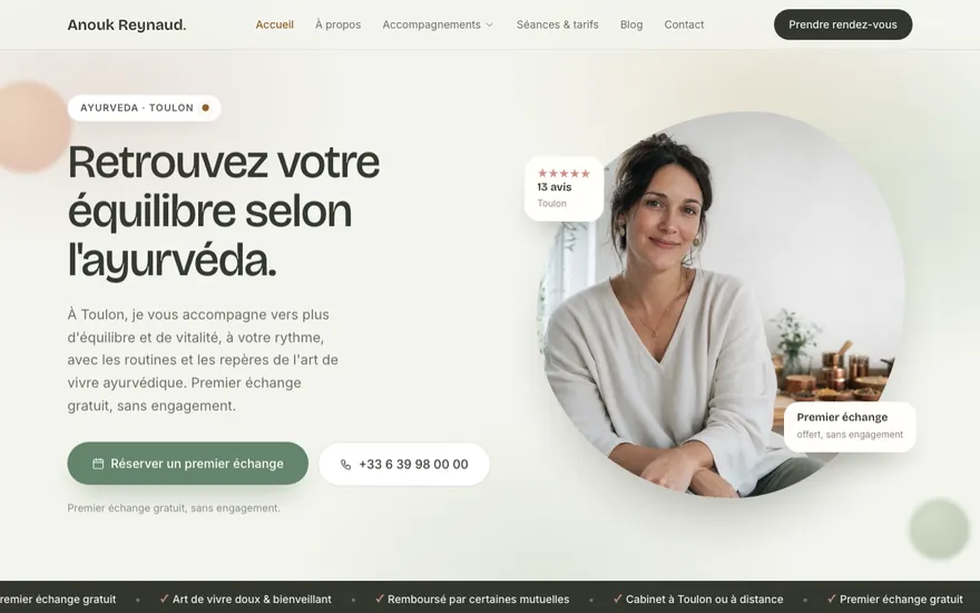 Exemple de site de ayurveda à Toulon, ambiance Organique