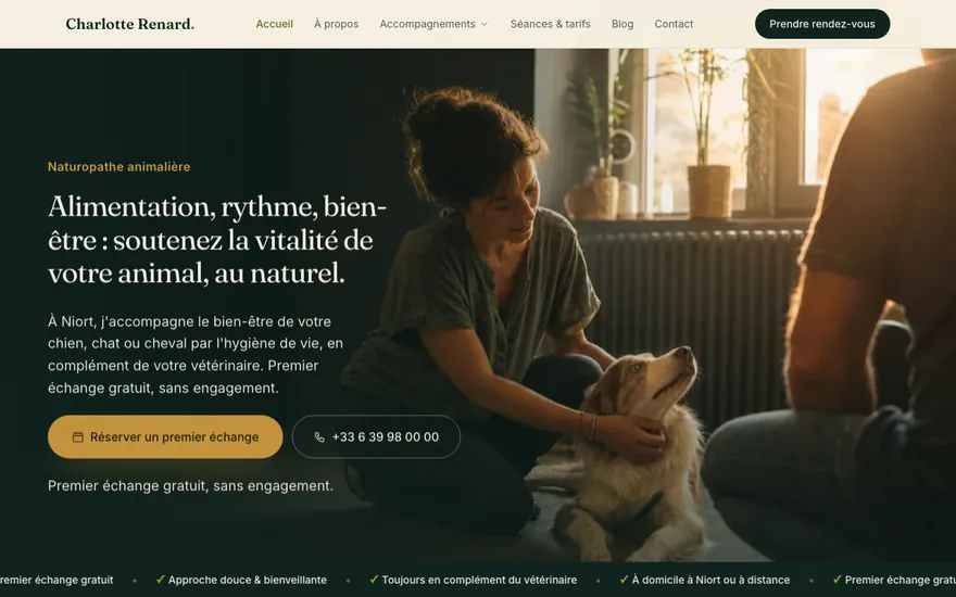 Exemple de site de naturopathe animalier à Niort, ambiance Cinématique