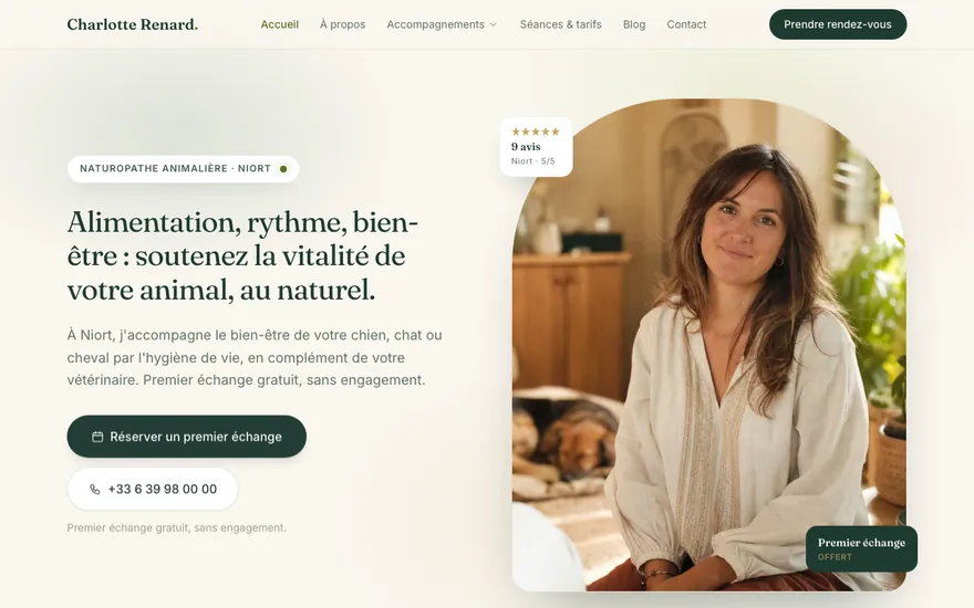Exemple de site de naturopathe animalier à Niort, ambiance Cocon