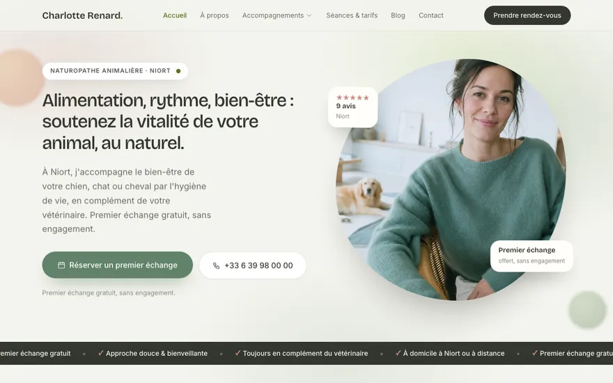 Exemple de site de naturopathe animalier à Niort, ambiance Organique