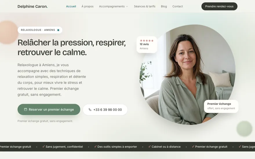 Exemple de site de relaxologue à Amiens, ambiance Organique