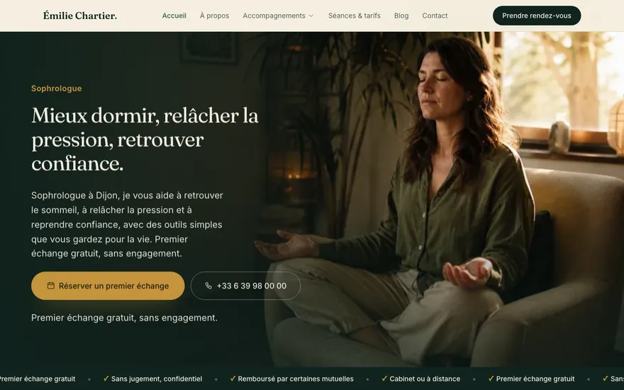 Exemple de site de sophrologue à Dijon, ambiance Cinématique