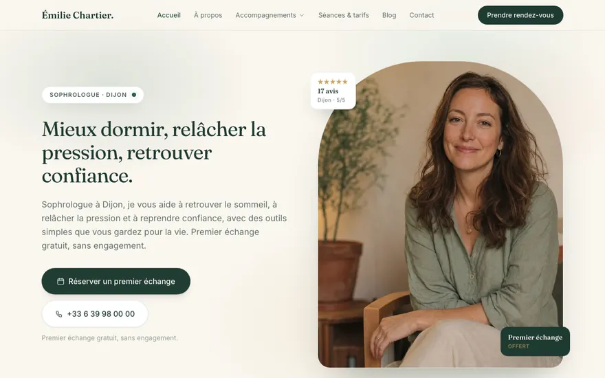 Exemple de site de sophrologue à Dijon, ambiance Cocon
