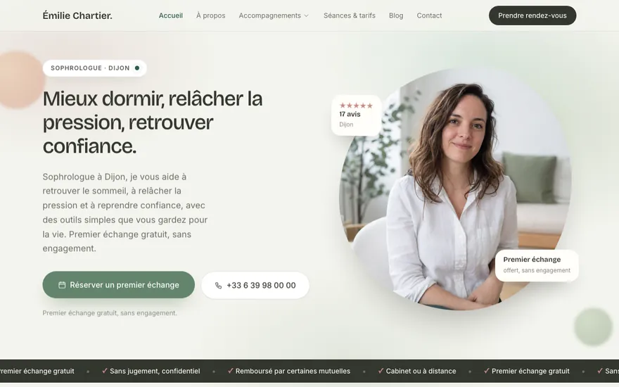Exemple de site de sophrologue à Dijon, ambiance Organique