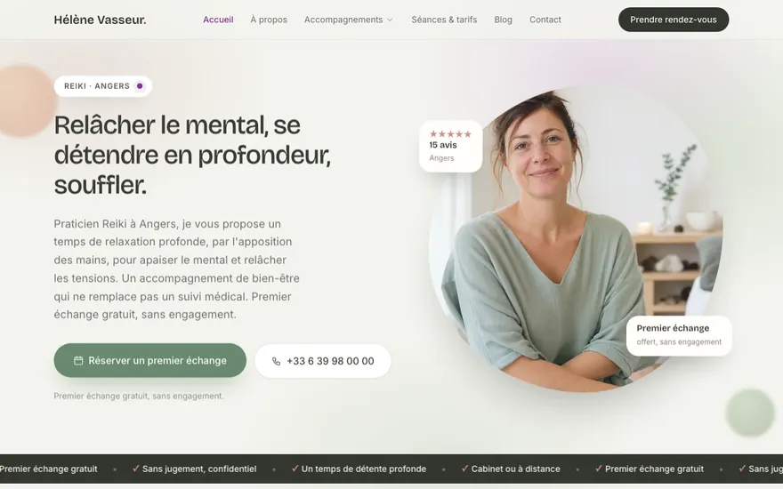 Exemple de site de reiki à Angers, ambiance Organique
