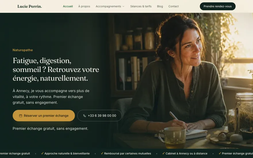 Exemple de site de naturopathe à Annecy, ambiance Cinématique