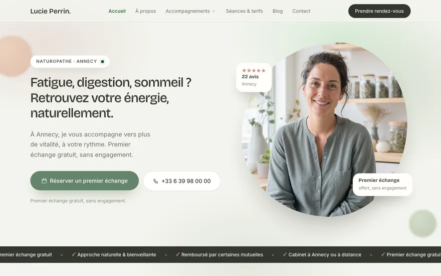Exemple de site de naturopathe à Annecy, ambiance Organique