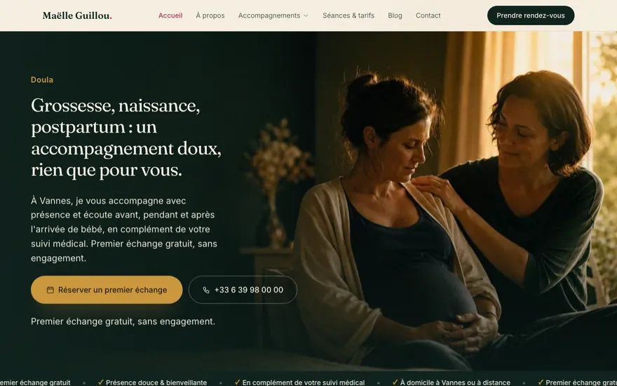 Exemple de site de doula à Vannes, ambiance Cinématique