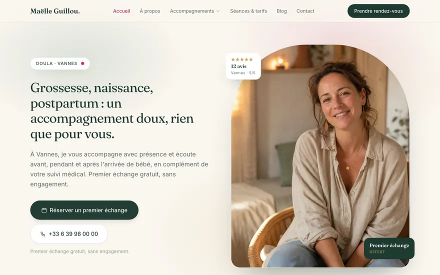 Exemple de site de doula à Vannes, ambiance Cocon