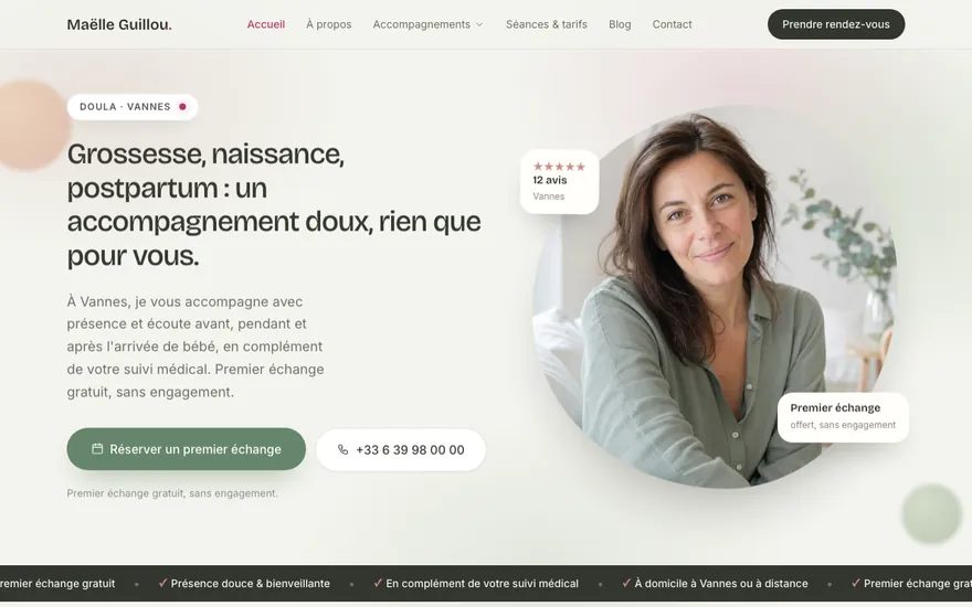 Exemple de site de doula à Vannes, ambiance Organique
