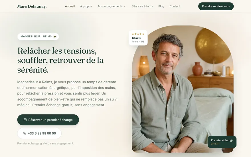 Exemple de site de magnétiseur à Reims, ambiance Cocon
