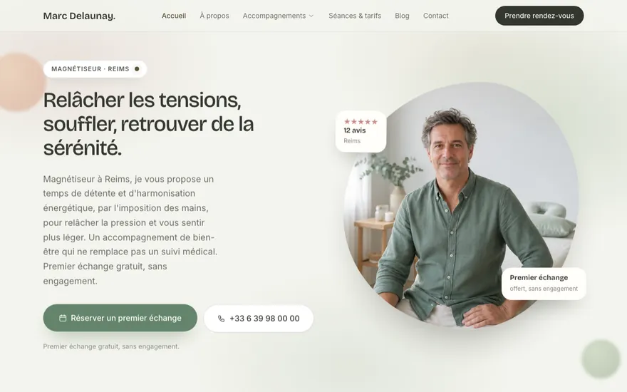 Exemple de site de magnétiseur à Reims, ambiance Organique