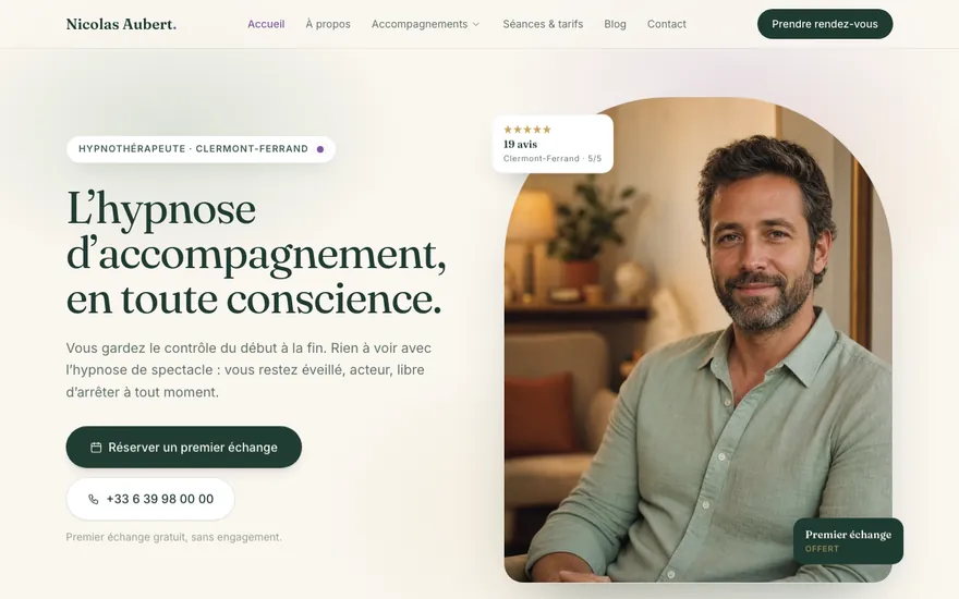 Exemple de site de hypnothérapeute à Clermont-Ferrand, ambiance Cocon