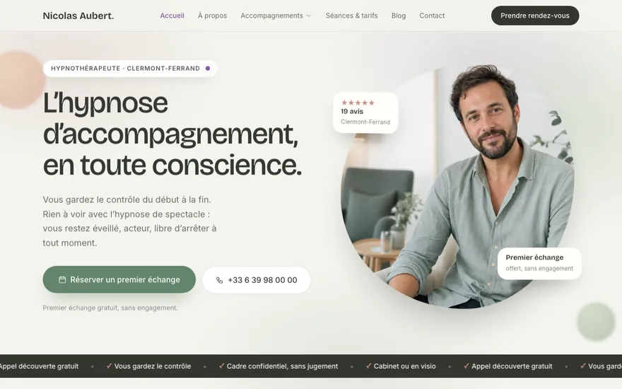 Exemple de site de hypnothérapeute à Clermont-Ferrand, ambiance Organique