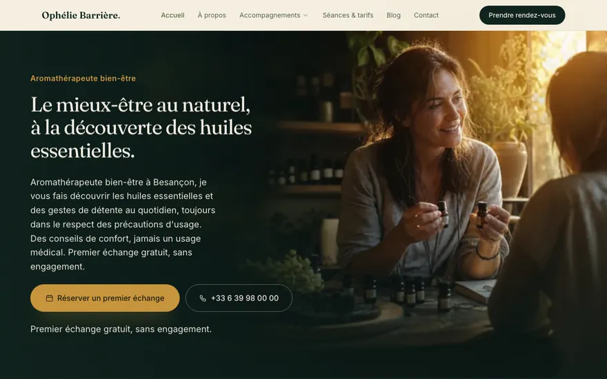 Exemple de site de aromathérapeute à Besançon, ambiance Cinématique