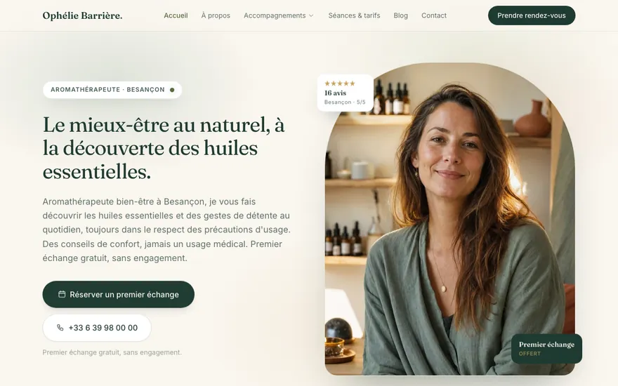 Exemple de site de aromathérapeute à Besançon, ambiance Cocon