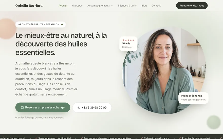 Exemple de site de aromathérapeute à Besançon, ambiance Organique