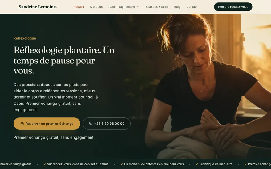 Exemple de site de réflexologue à Caen, ambiance Cinématique