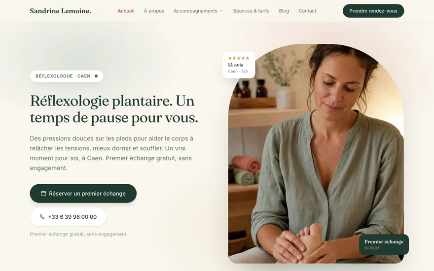 Exemple de site de réflexologue à Caen, ambiance Cocon