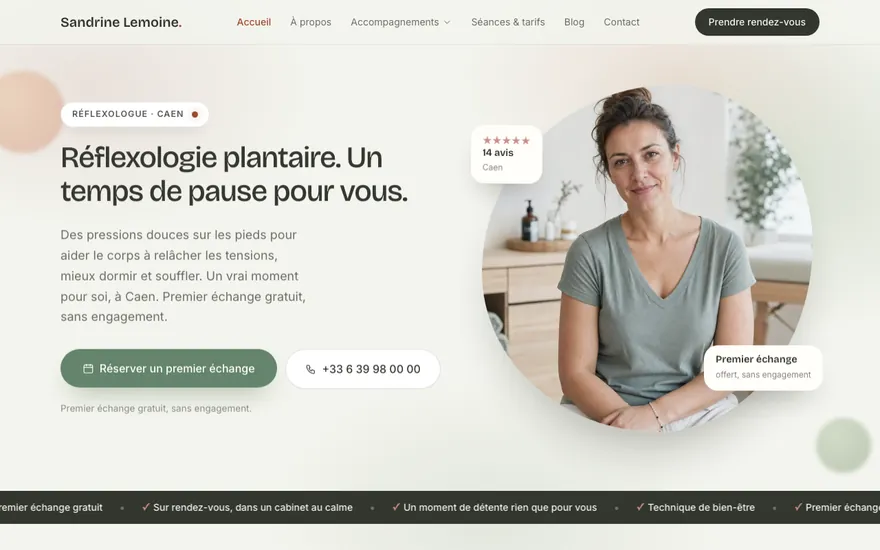 Exemple de site de réflexologue à Caen, ambiance Organique