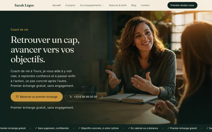 Exemple de site de coach de vie à Tours, ambiance Cinématique
