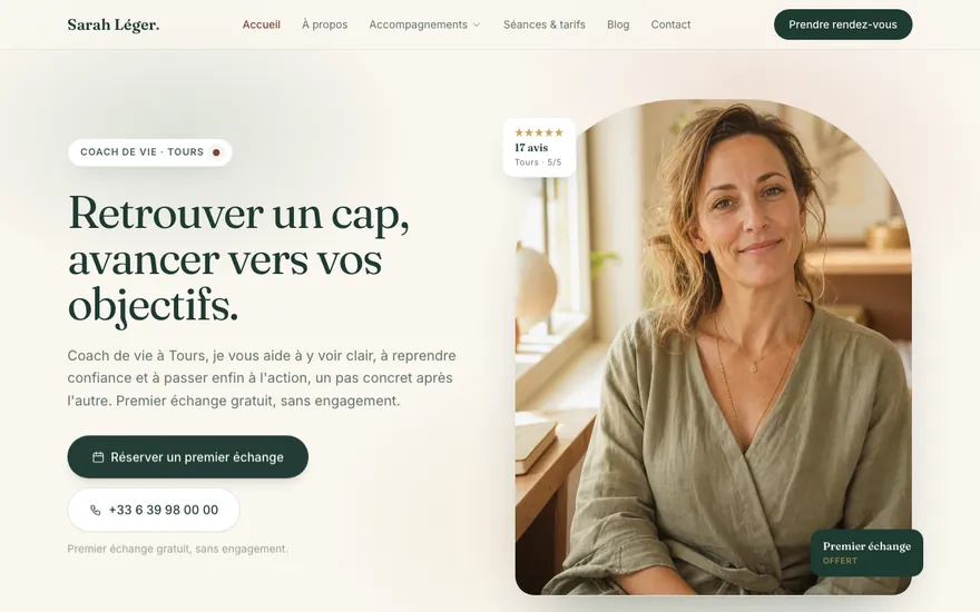 Exemple de site de coach de vie à Tours, ambiance Cocon