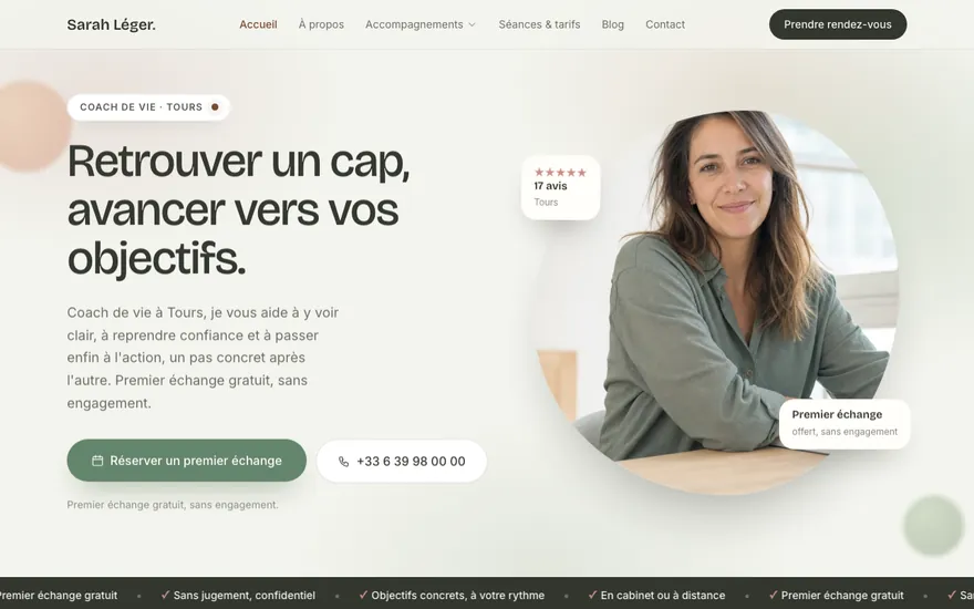 Exemple de site de coach de vie à Tours, ambiance Organique