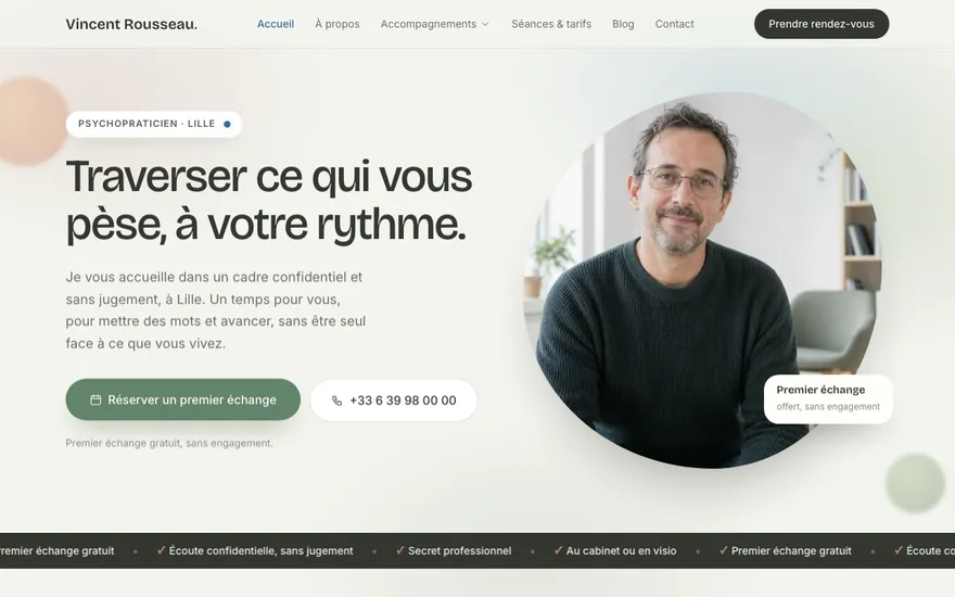 Exemple de site de psychopraticien à Lille, ambiance Organique