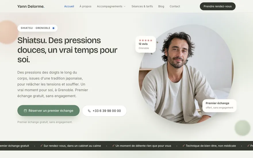 Exemple de site de shiatsu à Grenoble, ambiance Organique